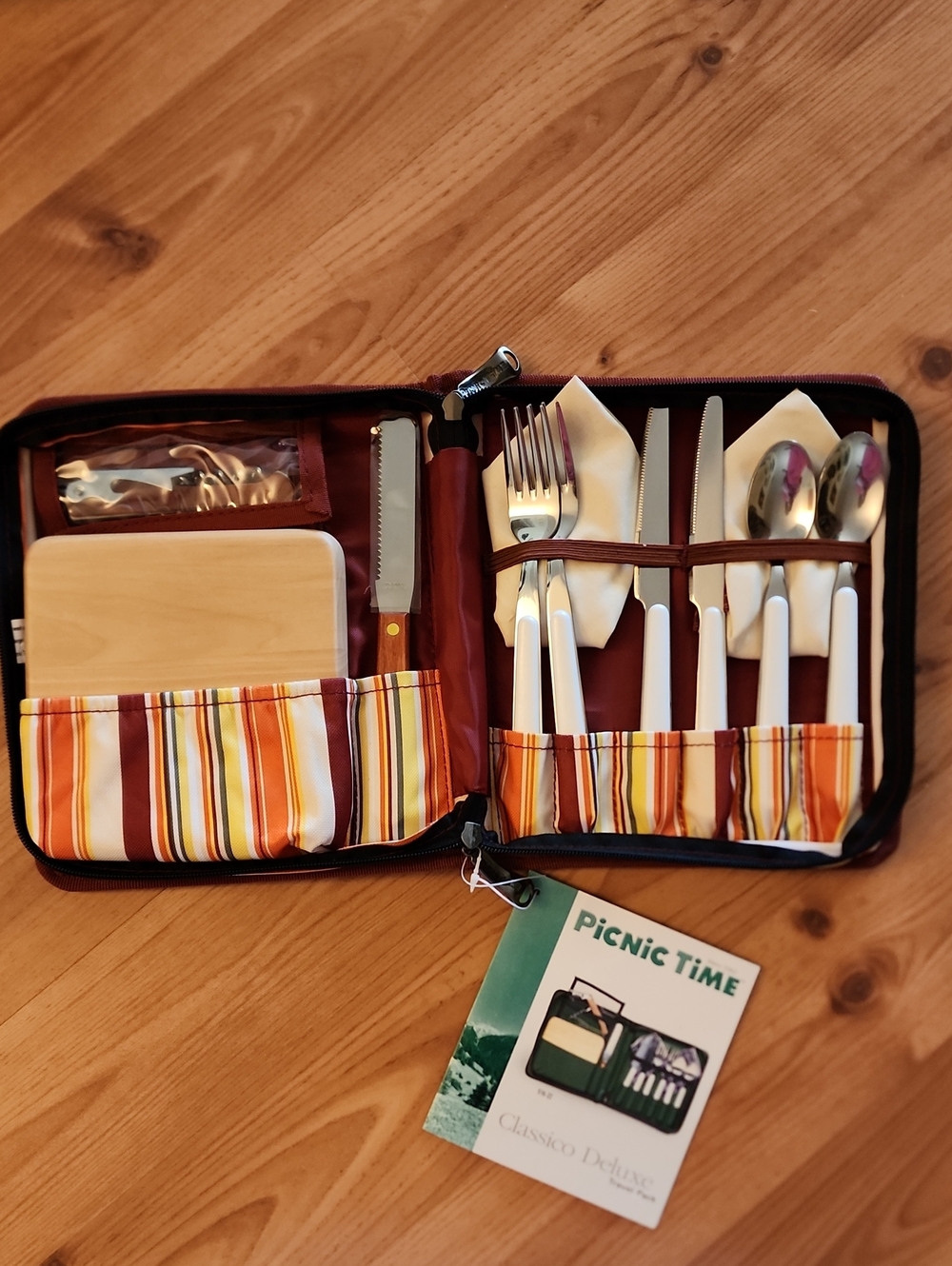 Picnic Time Deluxe Wine & Cheese Cutlery Set in Orange, Yellow, Brown Stripes